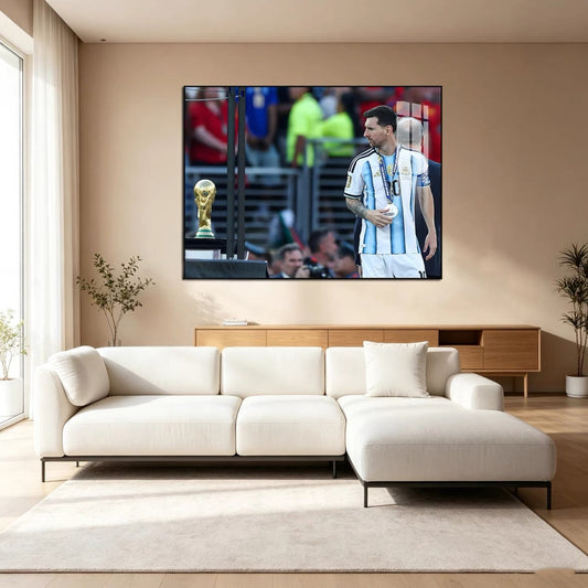 Lionel Messi Looking at World Cup Trophy Poster – Argentina Football Legend Wall Art