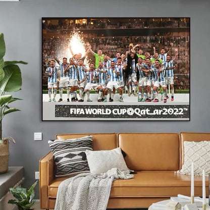 Lionel Messi Argentina 2022 FIFA World Cup Champions Poster – Trophy Celebration Football Wall Art